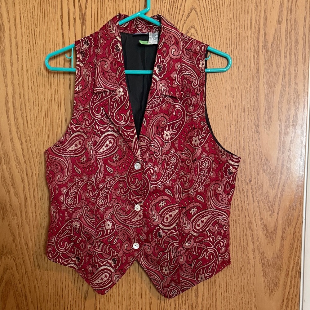 VTG 90s Honors Red Black White Paisley Brocade Tapestry Collared Vest Size S